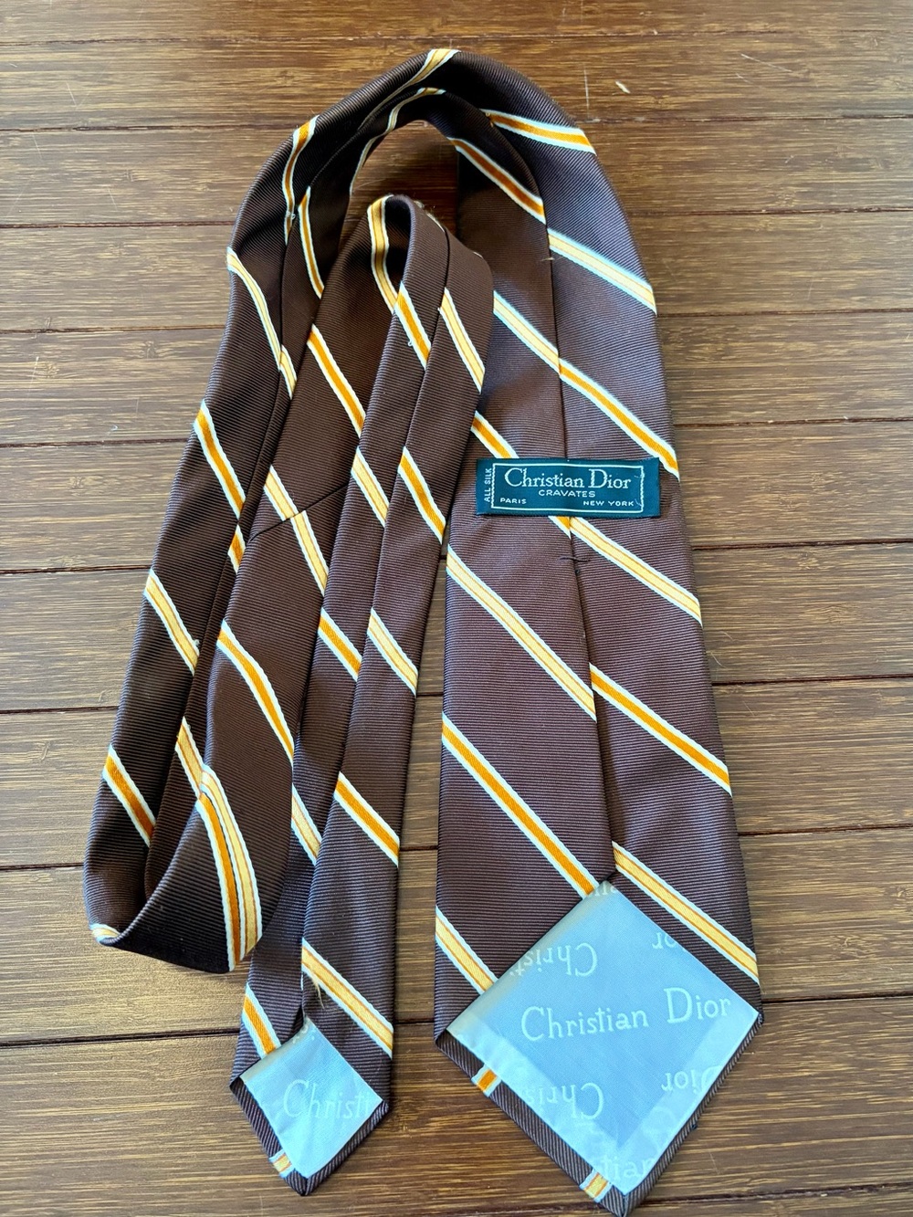 Christian Dior Vintage brown necktie diagonal yellow white stripes 100% Silk